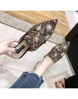   Women Mules Ladies Summer Rivet Pearl Tip Slippers Low Heels Flats Casual Shoes Woman Flip Flops Sexy Spring/Summer