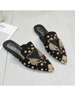 Women Shoe  String-bead Pointed Rhinestone Rivet Flats Woman's Slippers Slip-On Mules Loafer Sandals Slides Ladies Shoes
