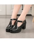  Women Pumps Black High Heels Lady Leather Thick with Lolita England Spring Summer Pointed Single Shoes Female Sandals 34-41