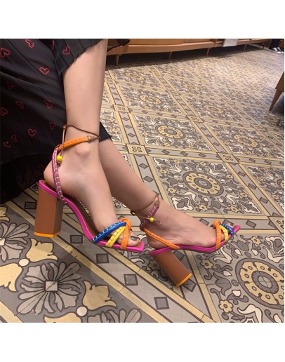   Twist Woven Sandals Color Blocking Designer  Women's Shoes Thick with High Heel Sandals Female Casual 35-43
