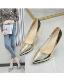 2023 Champagne Women Glossy Patent Extremely 9cm High Heels Pointed Toe Slip on Stiletto Pums Solid Formal Dress Shoes Plus