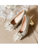  Crystal Bowknot Thick Heels Pumps Women 2023 Pointed Toe High Heels Shoes Woman Slip on Silver Party Wedding Shoes