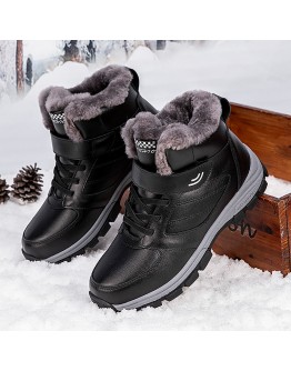  Winter Couple Casual Boots Stylish Leather High-top Sneaker For Men Outdoor  Warm Plush Lined Female Shoes