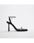 Summer Plus Size Shiny Crystal Party Shoes Women 2023  Designer High Heeled Sandals Woman Ankle Straps Black Sandals