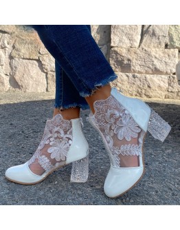Woman Mesh Black Ankle Boots for Women Summer Square Crystal High Heels Boots Sandal Ladies Sexy Round Toe Lace Boots Autumn