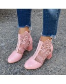 Woman Mesh Black Ankle Boots for Women Summer Square Crystal High Heels Boots Sandal Ladies Sexy Round Toe Lace Boots Autumn