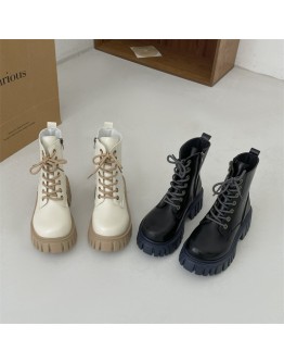 Ankle Boots Women Single High Heel Boots Round Head Lace Up Trendy Thick Sole Thin Boots Small Short Boots Platform Shoes