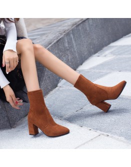 Black Brown Flock Thick Heel Ankle Boots Women's Winter Shoes Nice Elegant High Heel Pointed Toe Keep Warm Short Booties Ladies